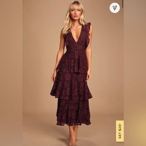Lulu’s Molinetto Burgundy Lace Ruffled Tiered Sleeveless Maxi Dress